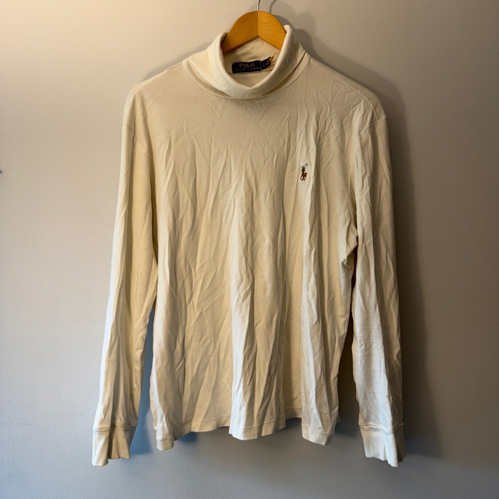 Polo Ralph Lauren Mens Cream Long Sleeve Turtleneck Shirt Large Logo